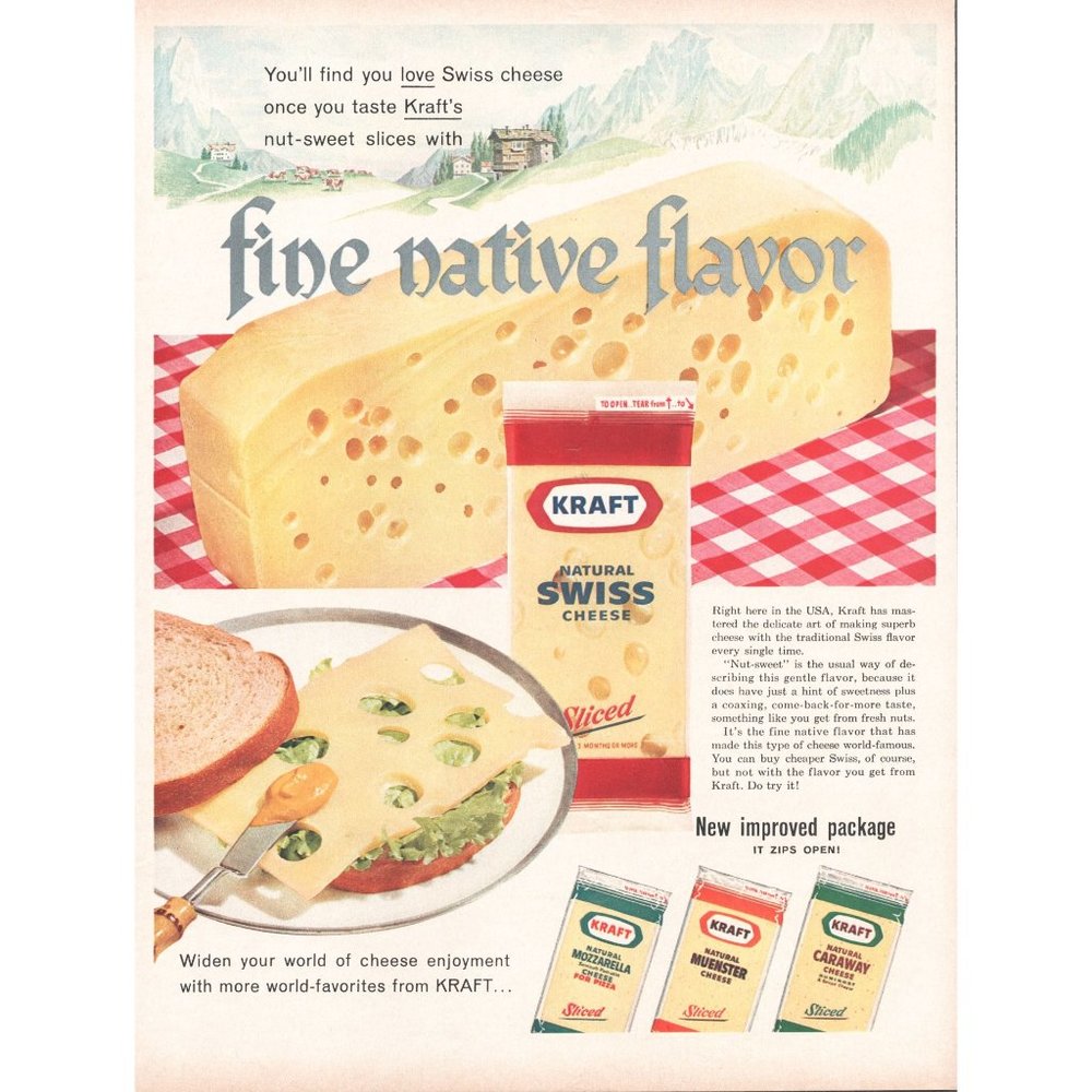 1960 Kraft Swiss Cheese Vintage Print Ad Switzerland Alps Mountain Chalet Cows